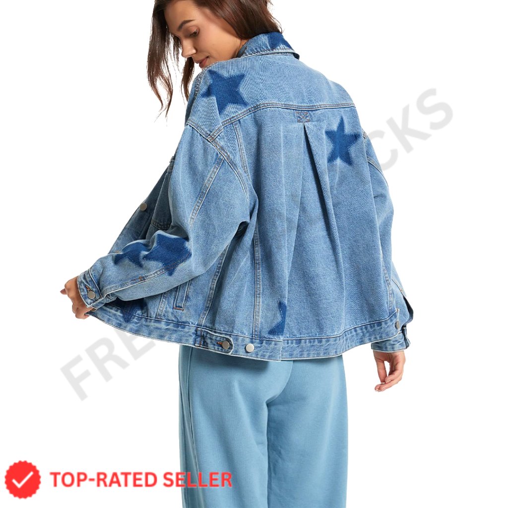 Oversized Denim Jacket Vintage Boyfriend Fit Printed Leopard Stars Retro Y2k